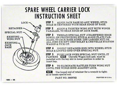 Full Size Chevy Spare Lock Instructions Decal, 1965-1966