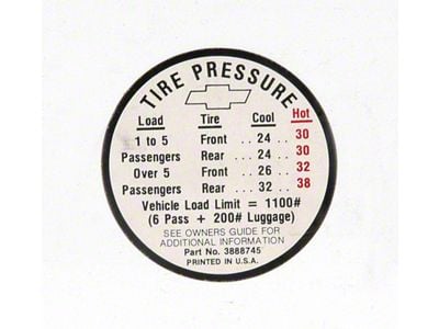 Full Size Chevy Tire Pressure Decal, 1966