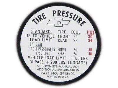 Full Size Chevy Tire Pressure Decal, 1967