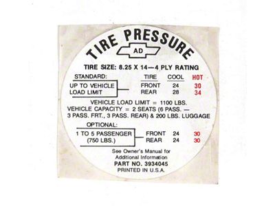 Full Size Chevy Tire Pressure Decal, 8.25 x 14 Convertible,1968 (Impala Convertible)