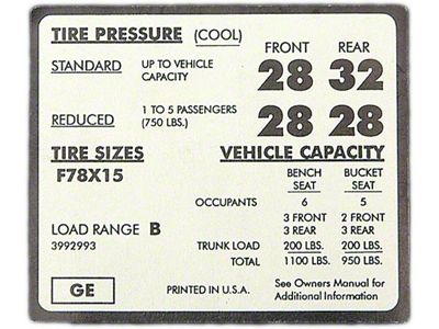 Full Size Chevy Tire Pressure Decal, F78 x 15, 1971-1972