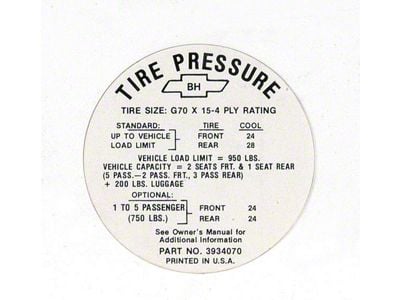 Full Size Chevy Tire Pressure Decal, G70 x 15, 427ci SS, 1968