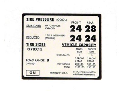 Full Size Chevy Tire Pressure Decal, G78 x 15, 1971-1972