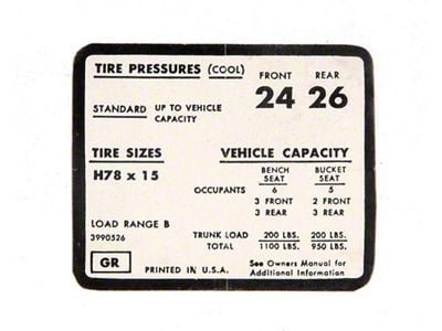 Full Size Chevy Tire Pressure Decal, H78 x 15, 1971-1972