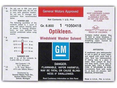 Full Size Chevy Washer Jar Label, Optikleen, 1961-1967