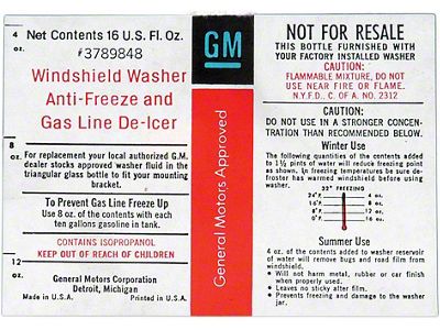 Full Size Chevy Windshield Washer Filler Bottle Label, 1967-1975