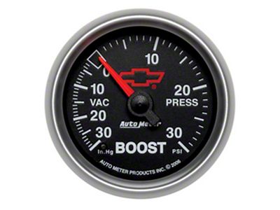 Auto Meter Chevy Black Series 2-1/16-Inch Boost/Vacuum Gauge; 30 inHG / 30 PSI; Digital Stepper Motor