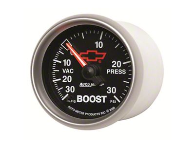 Auto Meter Chevy Black Series 2-1/16-Inch Boost/Vacuum Gauge; 30 inHG / 30 PSI; Mechanical