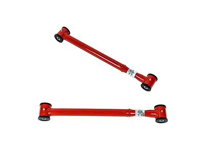 J&M Adjustable Turnbuckle Style Rear Lower Control Arms with 3-Piece Poly-Ball Bushings; Red (82-92 Camaro)