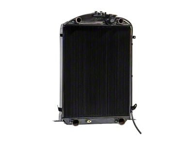 Johnson's Radiator Works Stock Height Radiator with Transmission Cooler; Dual 1.25-Inch Inlet / Bottom Dual 1.75-Inch Outlet (1932 Ford Car, Ford Truck w/ Flathead Engine & Air Conditioning)