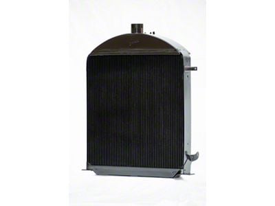 Johnson's Radiator Works Stock Height Radiator with Dummy Neck and Transmission Cooler; Center 1.50-Inch Inlet / Bottom Right 1.75-Inch Outlet (28-29 Model A, Model AA w/ Small or Big Block Chevy Engine & w/o Air Conditioning)