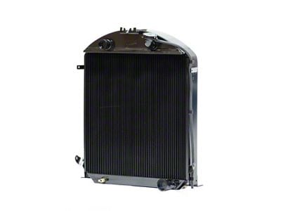 Johnson's Radiator Works Stock Height Radiator with Transmission Cooler; Center 1.50-Inch Inlet / Bottom Right 1.75-Inch Outlet (28-29 Model A, Model AA w/ Small or Big Block Chevy Engine & w/o Air Conditioning)