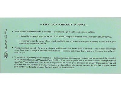 Late 1969 Mustang Warranty Card Instruction Sheet, Personalized