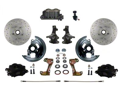 LEED Brakes Manual Front Disc Brake Conversion Kit with Adjustable Valve, 2-Inch Drop Spindles and MaxGrip XDS Rotors; Black Calipers (67-69 Camaro)