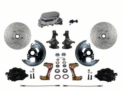 LEED Brakes Manual Front Disc Brake Conversion Kit with Chrome Master Cylinder, Adjustable Valve, 2-Inch Drop Spindles and MaxGrip XDS Rotors; Black Calipers (67-69 Camaro)