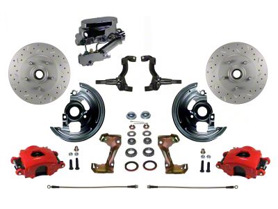 LEED Brakes Manual Front Disc Brake Conversion Kit with Side Mount Valve and MaxGrip XDS Rotors; Red Calipers (67-69 Camaro w/ Front Disc & Rear Drum Brakes)