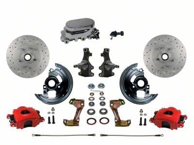 LEED Brakes Manual Front Disc Brake Conversion Kit with Chrome Master Cylinder, Adjustable Valve, 2-Inch Drop Spindles and MaxGrip XDS Rotors; Red Calipers (67-69 Camaro)