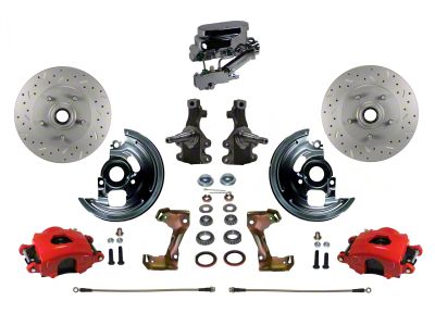 LEED Brakes Manual Front Disc Brake Conversion Kit with Chrome Master Cylinder, Side Mount Valve, 2-Inch Drop Spindles and MaxGrip XDS Rotors; Red Calipers (67-69 Camaro w/ 4-Wheel Disc Brakes)