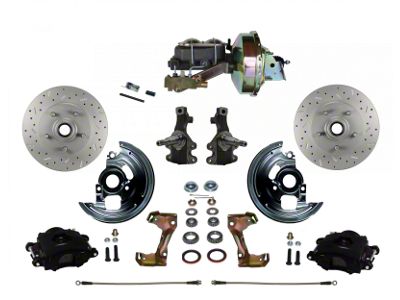 LEED Brakes Power Front Disc Brake Conversion Kit with 9-Inch Brake Booster, Side Mount Valve, 2-Inch Drop Spindles and MaxGrip XDS Rotors; Black Calipers (67-69 Camaro w/ Front Disc & Rear Drum Brakes)