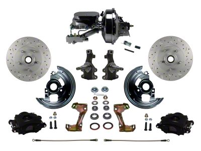 LEED Brakes Power Front Disc Brake Conversion Kit with 9-Inch Chrome Brake Booster, Side Mount Valve, 2-Inch Drop Spindles and MaxGrip XDS Rotors; Black Calipers (67-69 Camaro w/ Front Disc & Rear Drum Brakes)