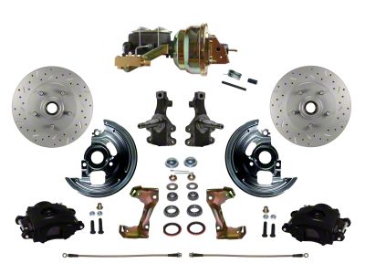 LEED Brakes Power Front Disc Brake Conversion Kit with 8-Inch Brake Booster, Side Mount Valve, 2-Inch Drop Spindles and MaxGrip XDS Rotors; Black Calipers (67-69 Camaro w/ Front Disc & Rear Drum Brakes)