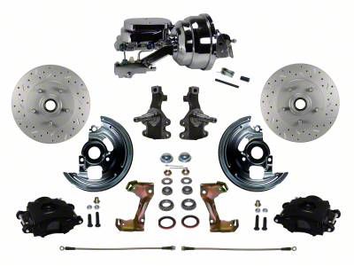 LEED Brakes Power Front Disc Brake Conversion Kit with 8-Inch Chrome Brake Booster, Side Mount Valve, 2-Inch Drop Spindles and MaxGrip XDS Rotors; Black Calipers (67-69 Camaro w/ Front Disc & Rear Drum Brakes)