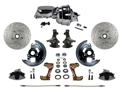 LEED Brakes Power Front Disc Brake Conversion Kit with 8-Inch Chrome Brake Booster, Flat Top Chrome Master Cylinder, Adjustable Valve, 2-Inch Drop Spindles and MaxGrip XDS Rotors; Zinc Plated Calipers (67-69 Camaro)