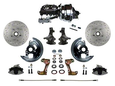 LEED Brakes Power Front Disc Brake Conversion Kit with 8-Inch Chrome Brake Booster, Chrome Top Master Cylinder, Side Mount Valve, 2-Inch Drop Spindles and MaxGrip XDS Rotors; Zinc Plated Calipers (67-69 Camaro w/ 4-Wheel Disc Brakes)