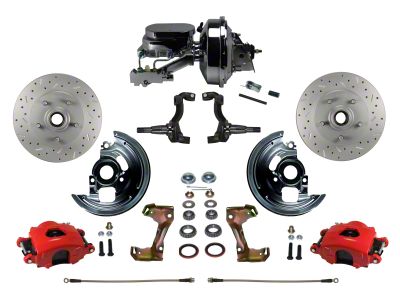 LEED Brakes Power Front Disc Brake Conversion Kit with 9-Inch Brake Booster and MaxGrip XDS Rotors; Red Calipers (67-69 Camaro w/ Front Disc & Rear Drum Brakes)