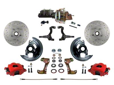 LEED Brakes Power Front Disc Brake Conversion Kit with 8-Inch Brake Booster, Adjustable Valve and MaxGrip XDS Rotors; Red Calipers (67-69 Camaro)