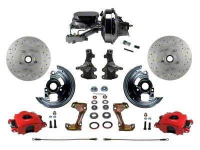 LEED Brakes Power Front Disc Brake Conversion Kit with 9-Inch Chrome Brake Booster, Side Mount Valve, 2-Inch Drop Spindles and MaxGrip XDS Rotors; Red Calipers (67-69 Camaro w/ Front Disc & Rear Drum Brakes)