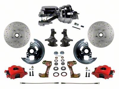 LEED Brakes Power Front Disc Brake Conversion Kit with 8-Inch Chrome Brake Booster, Side Mount Valve, 2-Inch Drop Spindles and MaxGrip XDS Rotors; Red Calipers (67-69 Camaro w/ Front Disc & Rear Drum Brakes)