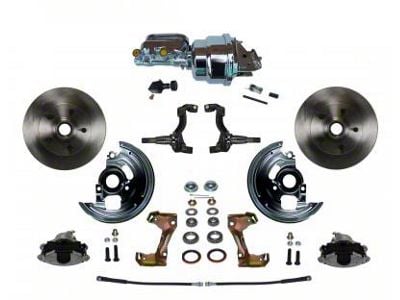 LEED Brakes Power Front Disc Brake Conversion Kit with 7-Inch Chrome Brake Booster, Flat Top Chrome Master Cylinder, Adjustable Valve and Vented Rotors; Zinc Plated Calipers (67-69 Camaro)