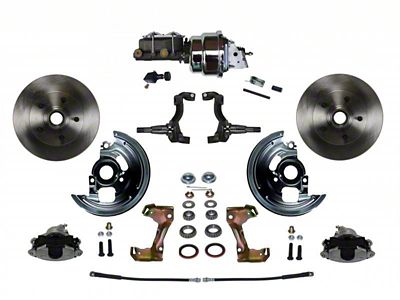 LEED Brakes Power Front Disc Brake Conversion Kit with 7-Inch Chrome Brake Booster, Chrome Top Master Cylinder, Adjustable Valve and Vented Rotors; Zinc Plated Calipers (67-69 Camaro)