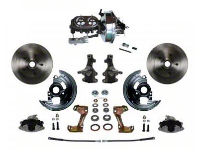 LEED Brakes Power Front Disc Brake Conversion Kit with 9-Inch Chrome Brake Booster, Chrome Top Master Cylinder, Side Mount Valve, 2-Inch Drop Spindles and Vented Rotors; Zinc Plated Calipers (67-69 Camaro w/ Front Disc & Rear Drum Brakes)