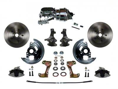 LEED Brakes Power Front Disc Brake Conversion Kit with 7-Inch Chrome Brake Booster, Flat Top Chrome Master Cylinder, Side Mount Valve, 2-Inch Drop Spindles and Vented Rotors; Zinc Plated Calipers (67-69 Camaro w/ Front Disc & Rear Drum Brakes)