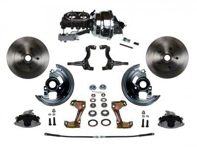 LEED Brakes Power Front Disc Brake Conversion Kit with 8-Inch Chrome Brake Booster, Chrome Top Master Cylinder, Side Mount Valve, 2-Inch Drop Spindles and Vented Rotors; Zinc Plated Calipers (67-69 Camaro w/ Front Disc & Rear Drum Brakes)