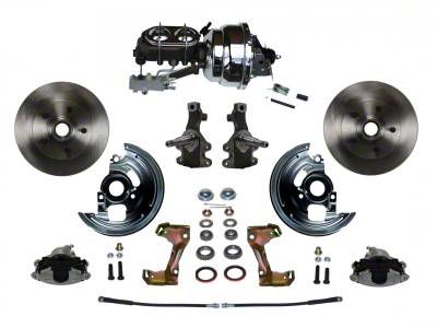 LEED Brakes Power Front Disc Brake Conversion Kit with 8-Inch Chrome Brake Booster, Chrome Top Master Cylinder, Side Mount Valve, 2-Inch Drop Spindles and Vented Rotors; Zinc Plated Calipers (67-69 Camaro w/ 4-Wheel Disc Brakes)