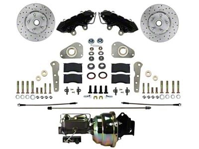 LEED Brakes 4-Piston Power Front Disc Brake Conversion Kit with MaxGrip XDS Rotors for Factory Manual Brakes and Non-Y Blocks; Black Calipers (57-68 Country Sedan, Country Squire, Custom, Custom 500, Galaxie, Galaxie 500, LTD)