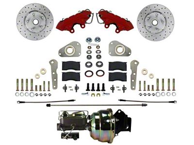 LEED Brakes 4-Piston Power Front Disc Brake Conversion Kit with MaxGrip XDS Rotors for Factory Manual Brakes and Non-Y Blocks; Red Calipers (57-68 Country Sedan, Country Squire, Custom, Custom 500, Galaxie, Galaxie 500, LTD)