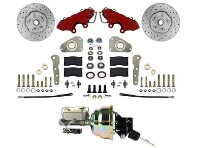 LEED Brakes 4-Piston Power Front Disc Brake Conversion Kit with MaxGrip XDS Rotors for Factory Power Brakes; Red Calipers (64-68 Country Sedan, Country Squire, Custom, Custom 500, Galaxie, Galaxie 500, LTD)