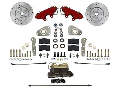 LEED Brakes Front Disc Brake Conversion Kit with MaxGrip XDS Rotors for Factory Power Brakes; Red Calipers (57-68 Country Sedan, Country Squire, Custom, Custom 500, Galaxie, Galaxie 500, LTD)