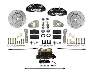 LEED Brakes MaxGrip Lite 4-Piston Front Disc Brake Conversion Kit with MaxGrip XDS Rotors for Factory Power Brakes; Black Calipers (57-68 Country Sedan, Country Squire, Custom, Custom 500, Galaxie, Galaxie 500, LTD)