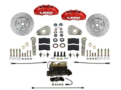 LEED Brakes MaxGrip Lite 4-Piston Front Disc Brake Conversion Kit with MaxGrip XDS Rotors for Factory Power Brakes; Red Calipers (57-68 Country Sedan, Country Squire, Custom, Custom 500, Galaxie, Galaxie 500, LTD)