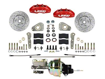 LEED Brakes MaxGrip Lite 4-Piston Power Front Disc Brake Conversion Kit with MaxGrip XDS Rotors for Factory Manual Brakes and Y Blocks; Red Calipers (57-68 Country Sedan, Country Squire, Custom, Custom 500, Galaxie, Galaxie 500, LTD)