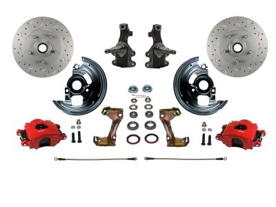 LEED Brakes Front Spindle Mount Disc Brake Conversion Kit with 2-Inch Drop Spindles and MaxGrip XDS Rotors; Red Calipers (67-69 Firebird)