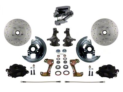 LEED Brakes Manual Front Disc Brake Conversion Kit with Chrome Master Cylinder, Side Mount Valve, 2-Inch Drop Spindles and MaxGrip XDS Rotors; Black Calipers (67-69 Firebird w/ Front Disc & Rear Drum Brakes)