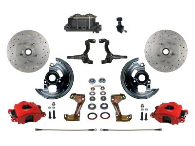 LEED Brakes Manual Front Disc Brake Conversion Kit with MaxGrip XDS Rotors and Adjustable Valve; Red Calipers (67-69 Firebird)