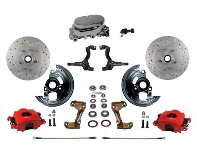 LEED Brakes Manual Front Disc Brake Conversion Kit with Chrome Master Cylinder, Adjustable Valve and MaxGrip XDS Rotors; Red Calipers (67-69 Firebird)