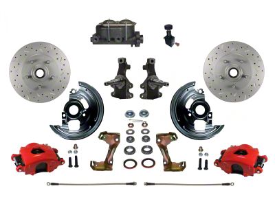 LEED Brakes Manual Front Disc Brake Conversion Kit with Adjustable Valve, 2-Inch Drop Spindles and MaxGrip XDS Rotors; Red Calipers (67-69 Firebird)